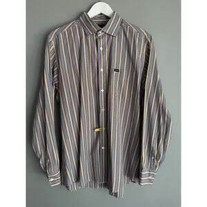 Faconnable Club Deauville Men's L 100% Cotton Dress Shirt Gray Gold Stripe